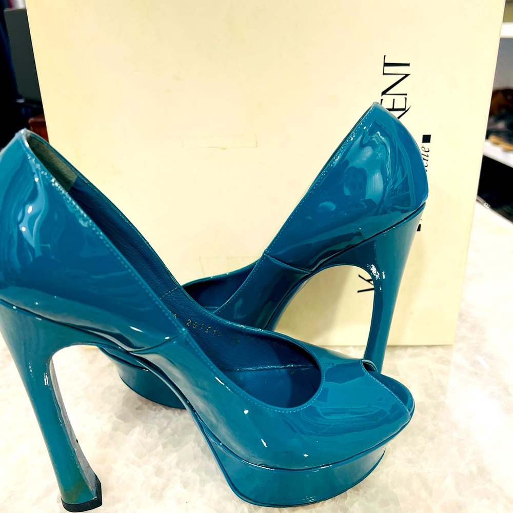 YSL Palais Pump Open Toe, Patent Azur Blue, Like New